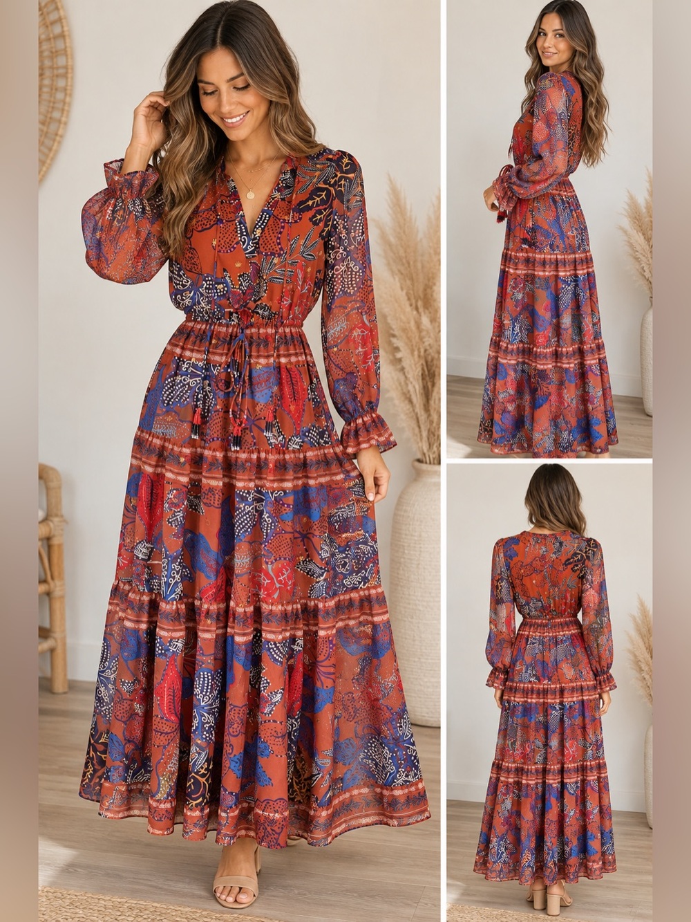 ✨NWT House of Harlow 1960 Boho Printed Long Sleeve Tiered Maxi Dress